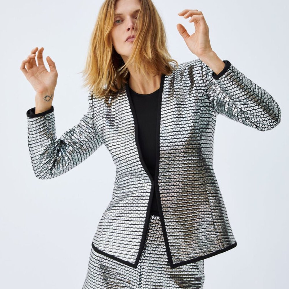 ZARA silver and black blazer. Shiny silver triangle patterns.